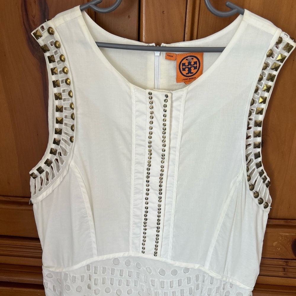 Tory Burch Womens Sz 6 White Sleeveless Studded Cutwork Mini Dress Summer Resort - Picture 4 of 10